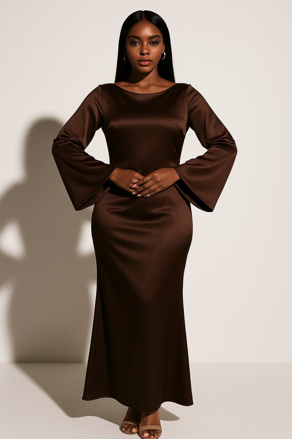 Dames Satijn Lange Mouw Scoop Neck Fishtail Maxi Jurk - Dark Brown