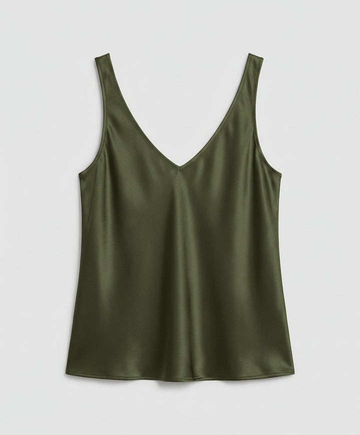 Dames Satijn V-hals Brede Bandjes Camisole Top - Army Green