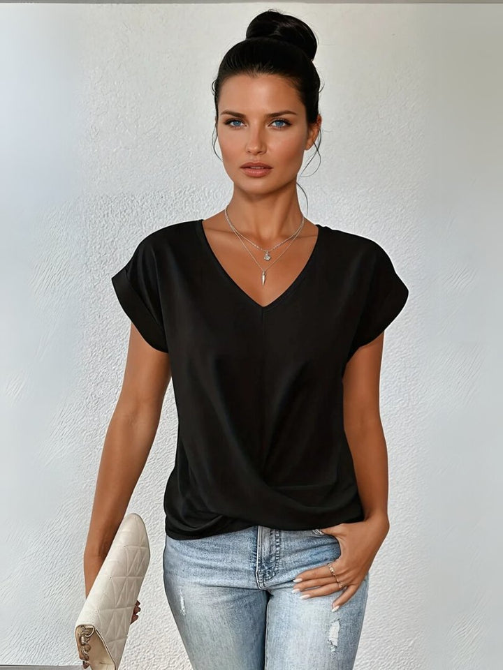 Dames Satijn V-hals Twist-front Korte Mouw Top
