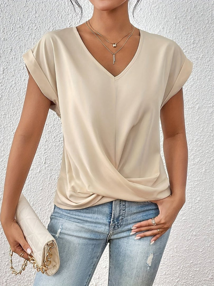 Dames Satijn V-hals Twist-front Korte Mouw Top - Beige