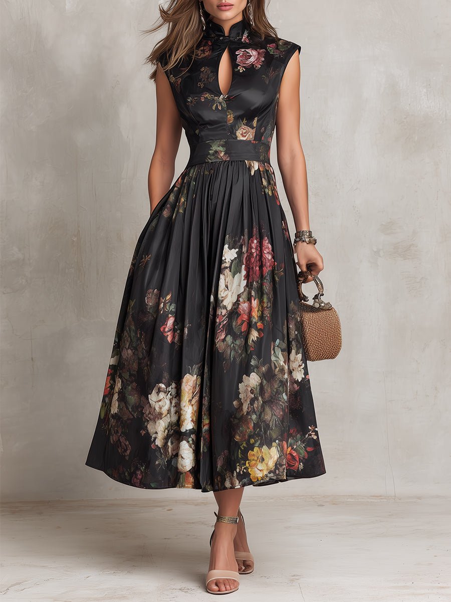 Dames Satijnen Geplooid Midi Jurk met Keyhole Hals - Black