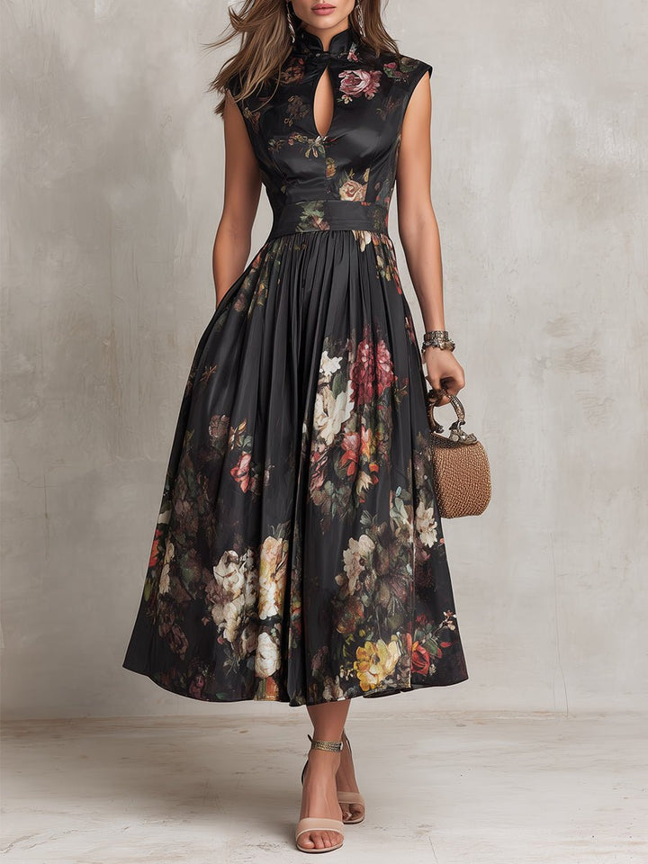 Dames Satijnen Geplooid Midi Jurk met Keyhole Hals - Black