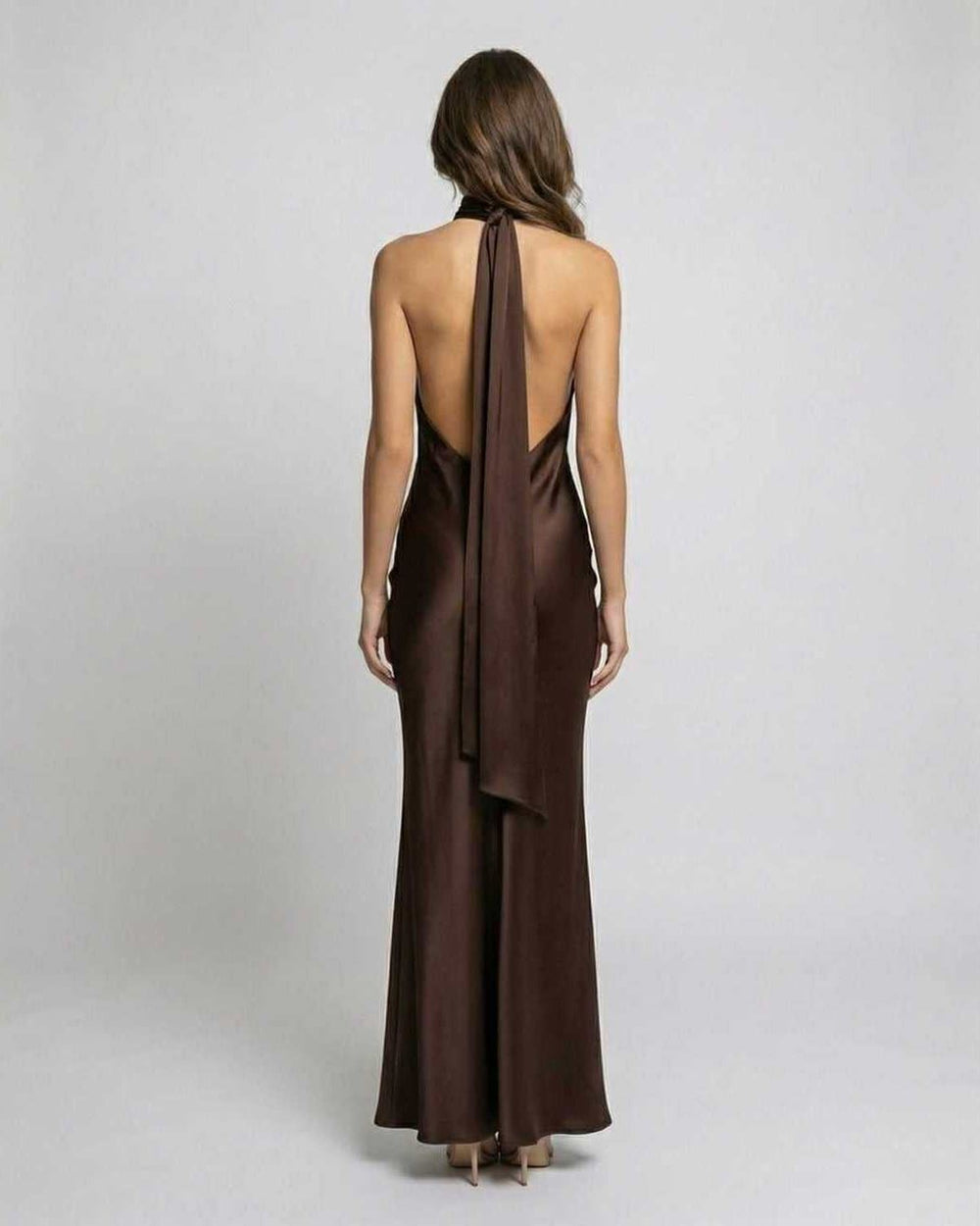 Dames Satijnen Halter Neckholder Maxi Jurk Open Rug