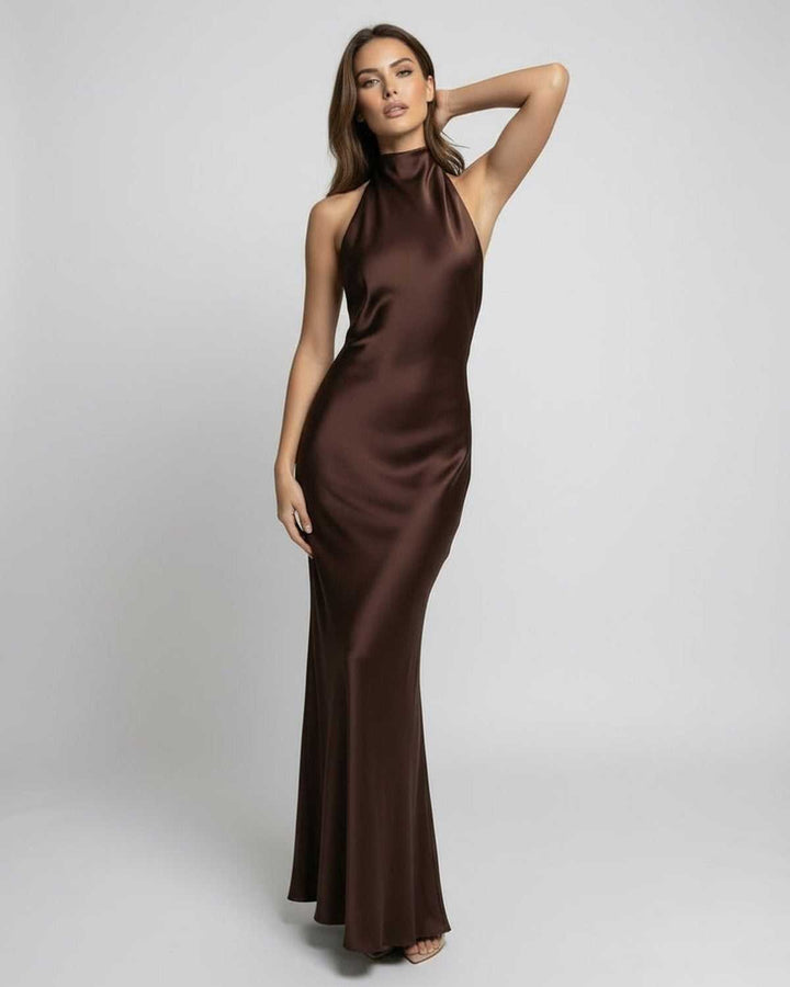 Dames Satijnen Halter Neckholder Maxi Jurk Open Rug
