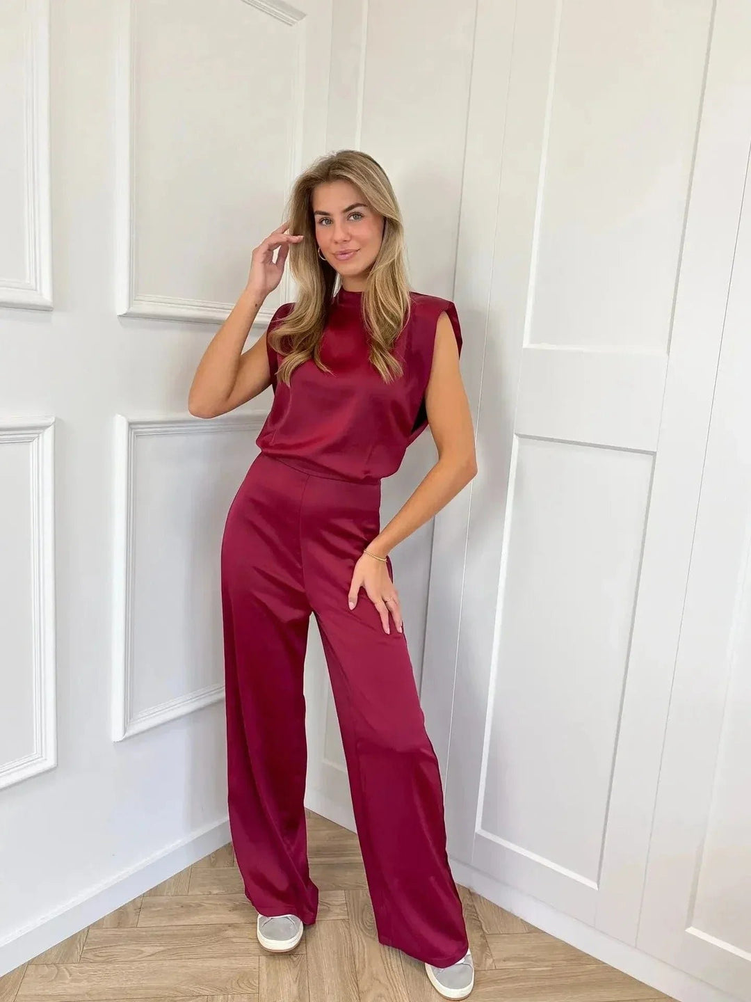 Dames Satijnen Jumpsuit Wijde Pijpen Hoge Taille Mouwloos