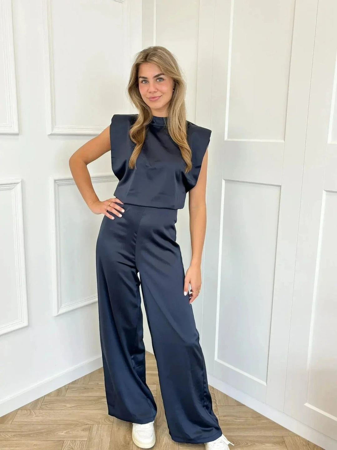 Dames Satijnen Jumpsuit Wijde Pijpen Hoge Taille Mouwloos - Marineblauw