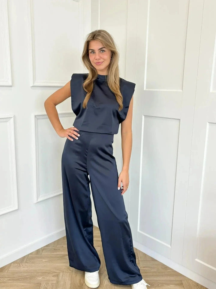 Dames Satijnen Jumpsuit Wijde Pijpen Hoge Taille Mouwloos - Marineblauw