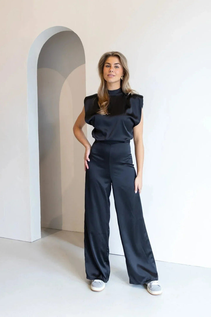 Dames Satijnen Jumpsuit Wijde Pijpen Hoge Taille Mouwloos