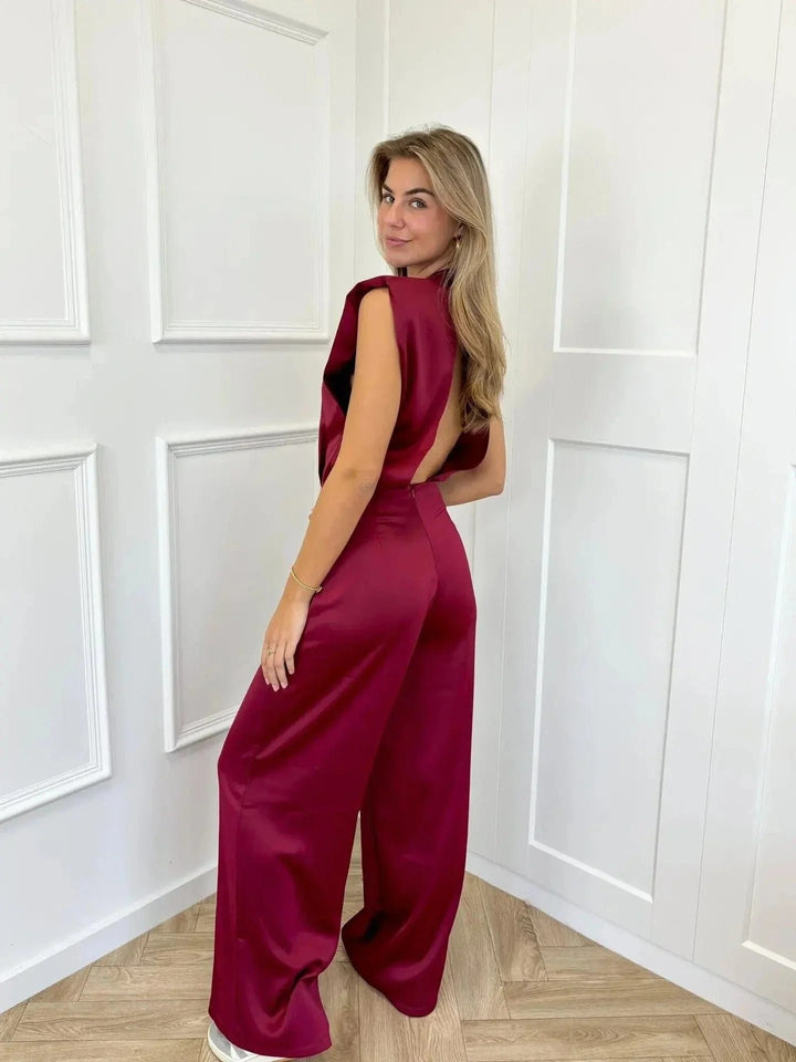 Dames Satijnen Jumpsuit Wijde Pijpen Hoge Taille Mouwloos - Bordeauxrood