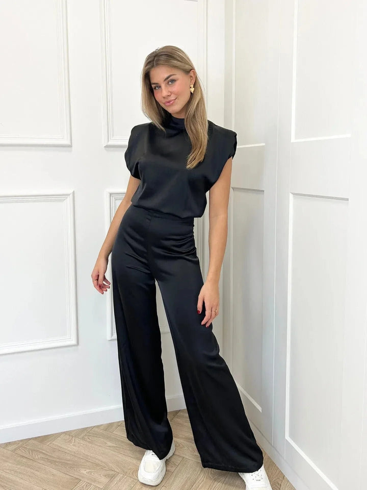 Dames Satijnen Jumpsuit Wijde Pijpen Hoge Taille Mouwloos - Zwart