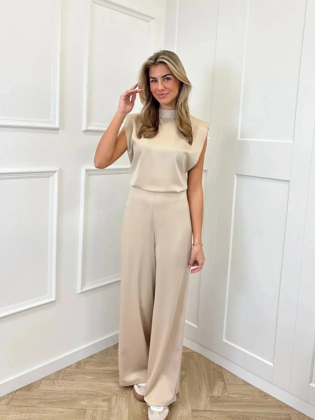 Dames Satijnen Jumpsuit Wijde Pijpen Hoge Taille Mouwloos