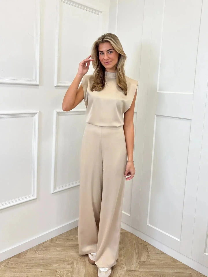 Dames Satijnen Jumpsuit Wijde Pijpen Hoge Taille Mouwloos