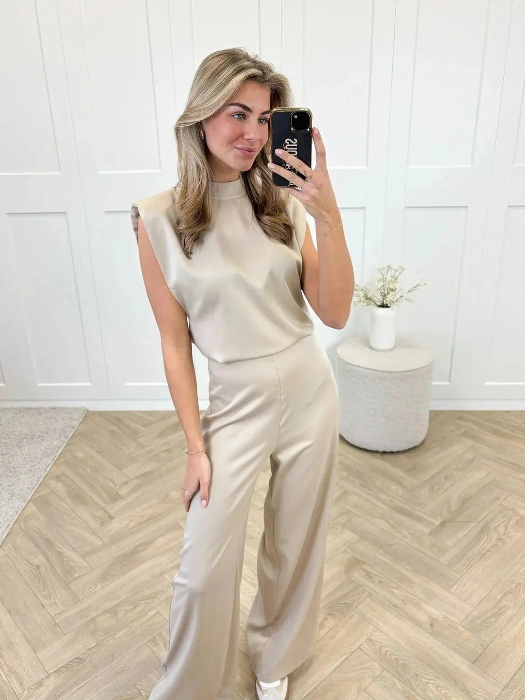 Dames Satijnen Jumpsuit Wijde Pijpen Hoge Taille Mouwloos