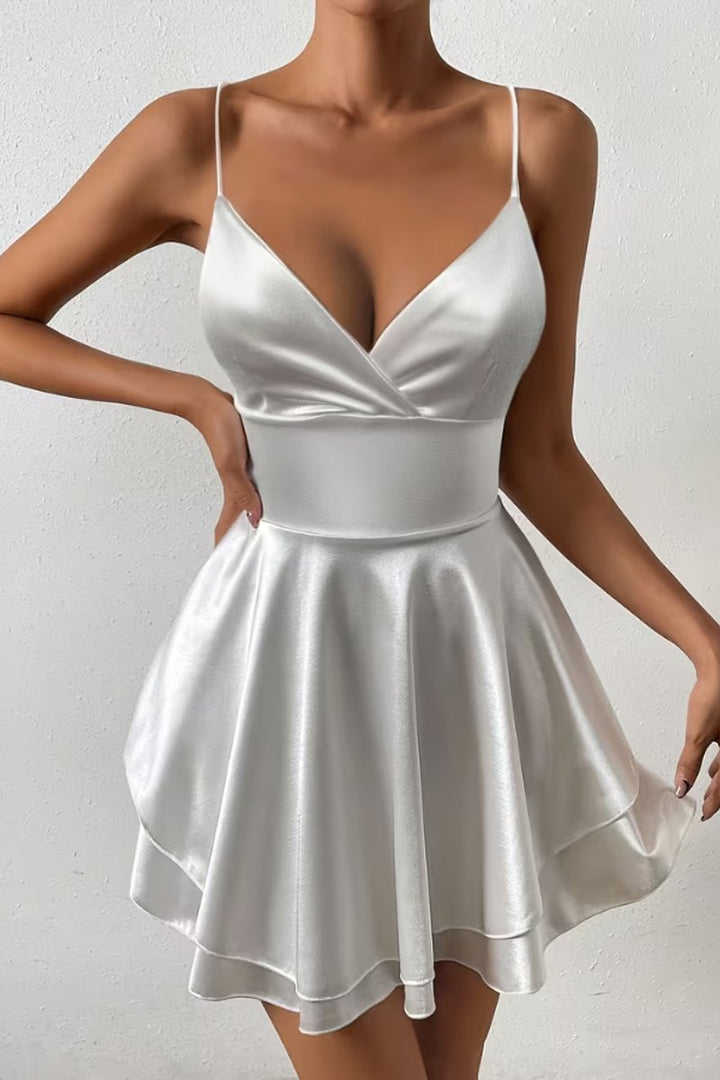 Dames Satijnen Open-Rug V-Hals Cocktail Dress Mini Skater - White