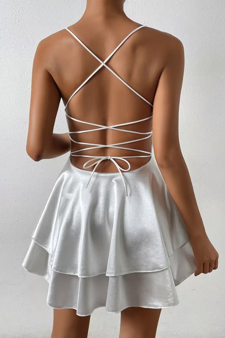 Dames Satijnen Open-Rug V-Hals Cocktail Dress Mini Skater