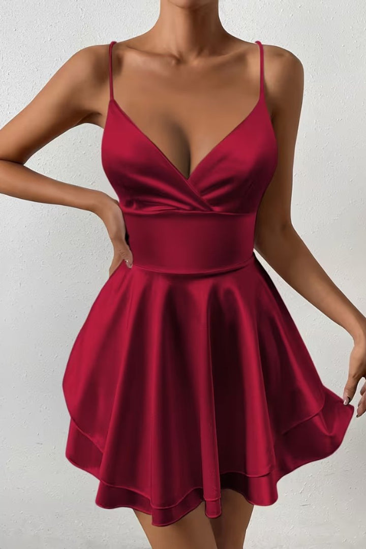 Dames Satijnen Open-Rug V-Hals Cocktail Dress Mini Skater - Burgundy Red