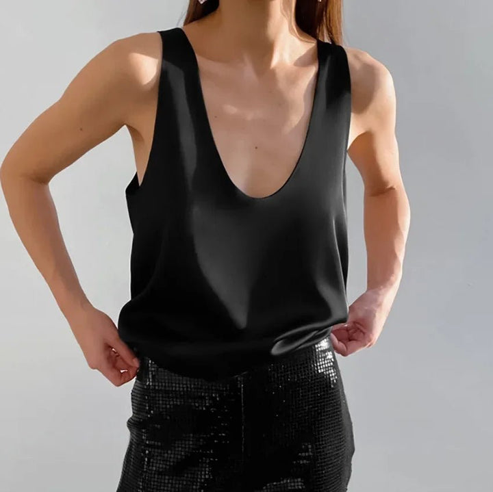 Dames Satijnen Relaxed-Fit Mouwloze Top Diepe U-Hals - Black