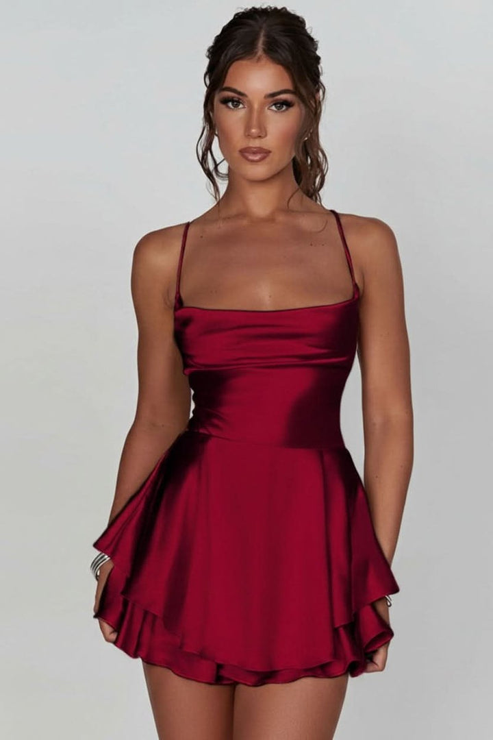 Dames Satijnen Ruffle-Skirt Cocktailjurk Vierkante Hals - Brick Red
