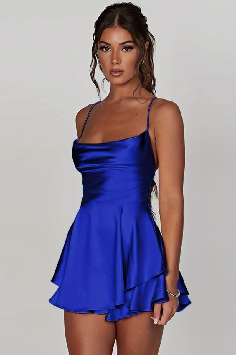 Dames Satijnen Ruffle-Skirt Cocktailjurk Vierkante Hals - Royal Blue