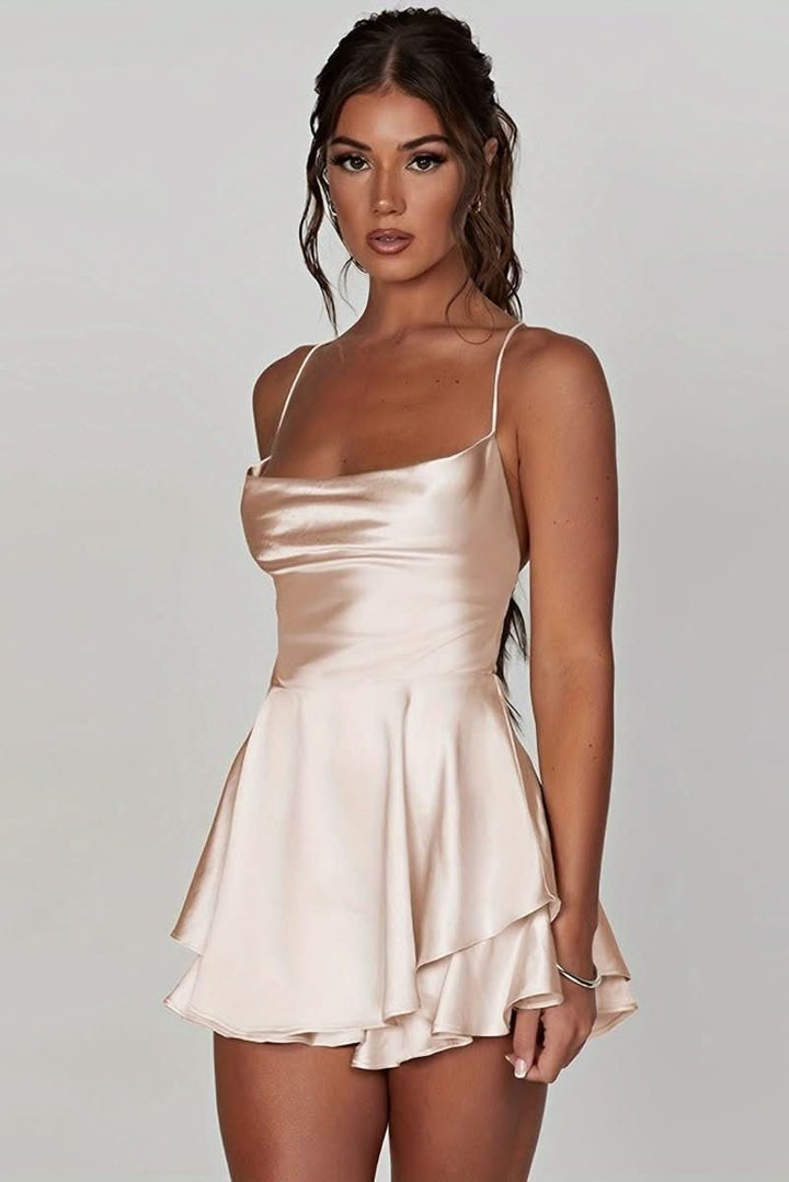 Dames Satijnen Ruffle-Skirt Cocktailjurk Vierkante Hals - Milky