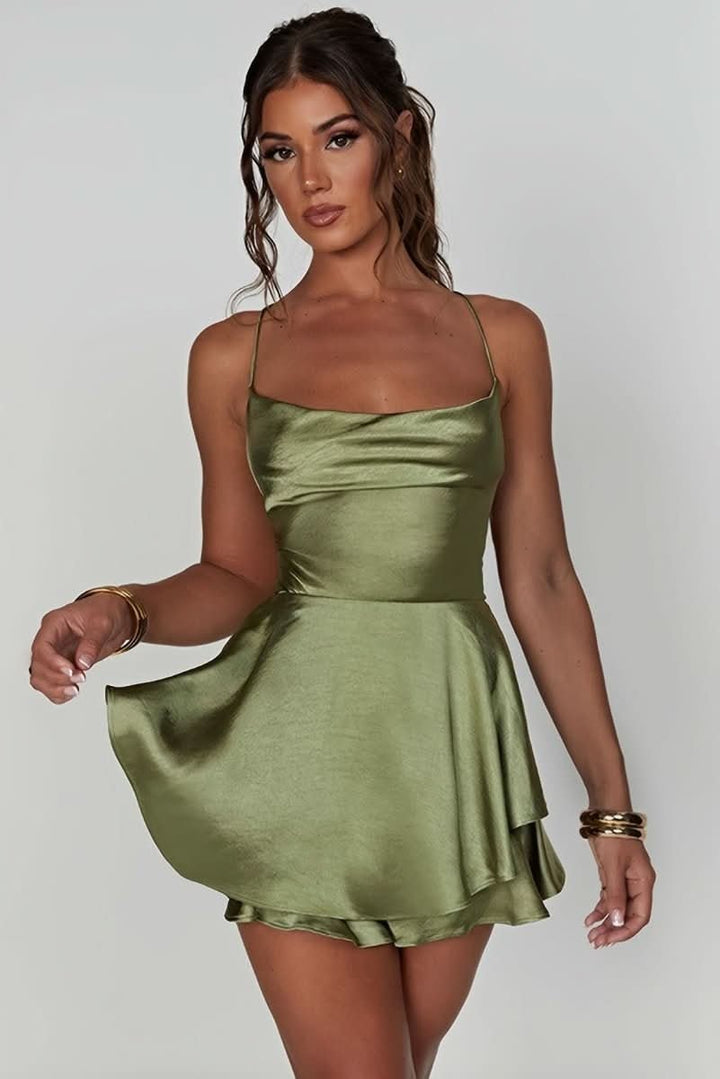 Dames Satijnen Ruffle-Skirt Cocktailjurk Vierkante Hals - Matcha