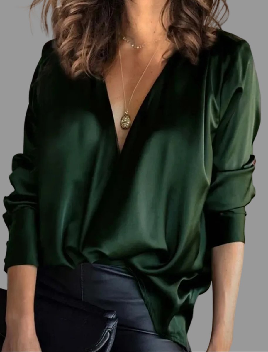 Dames Satijnen V-hals Blouse met Lange Mouwen - Groen