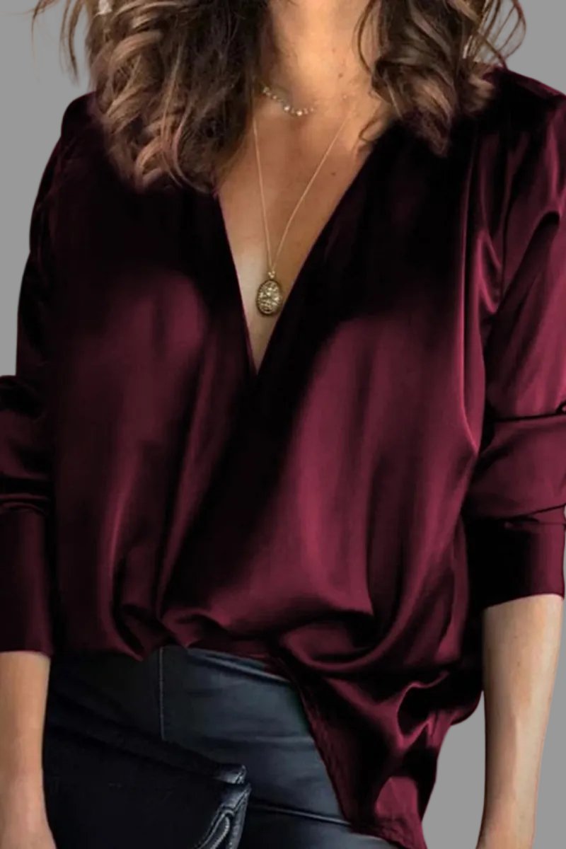 Dames Satijnen V-hals Blouse met Lange Mouwen - Bordeauxrood