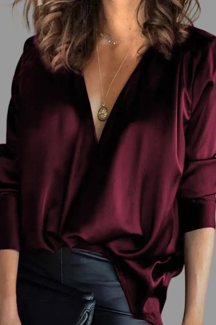 Dames Satijnen V-hals Blouse met Lange Mouwen - Bordeauxrood
