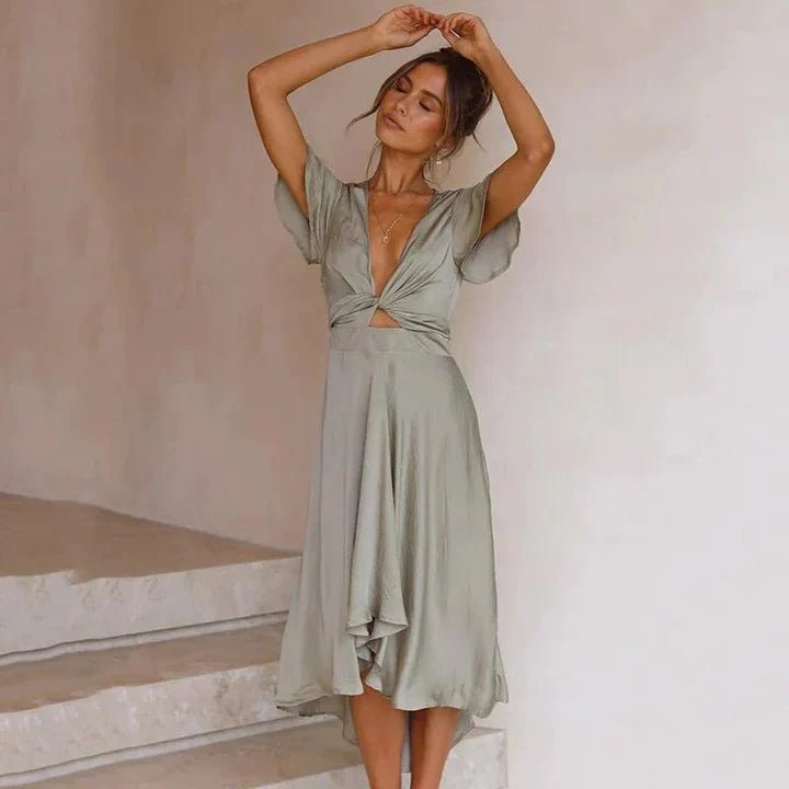 Dames Satin Midi-jurk Diepe V-hals Vlindermouw Asymmetrische Zoom - Olive