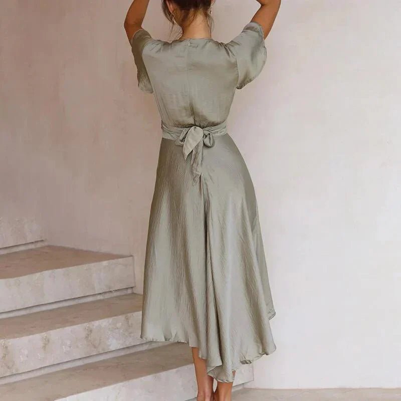 Dames Satin Midi-jurk Diepe V-hals Vlindermouw Asymmetrische Zoom