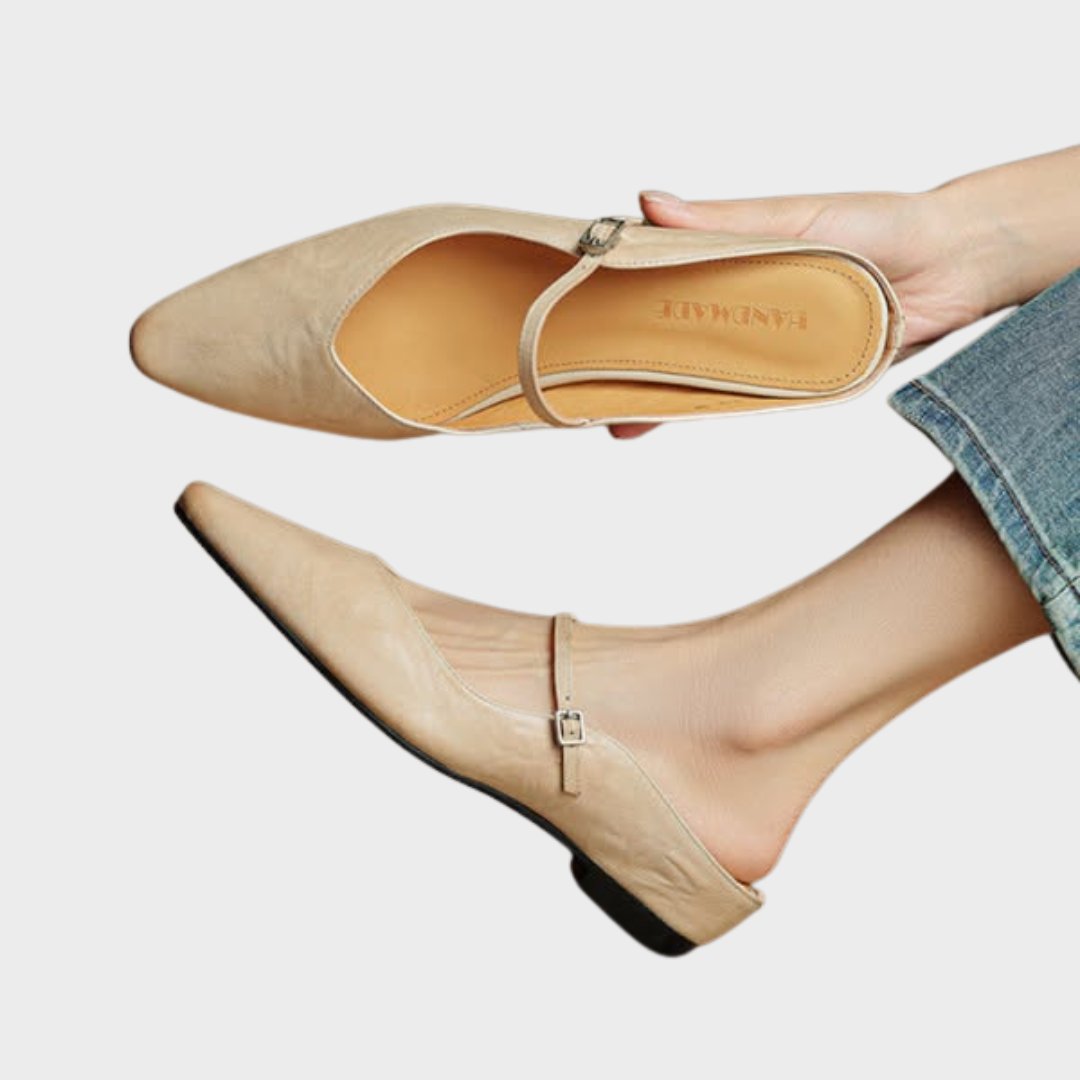 Dames Spitse Leren Mary Jane Slip-On Mules - Beige