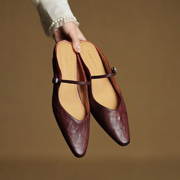 Dames Spitse Leren Mary Jane Slip-On Mules