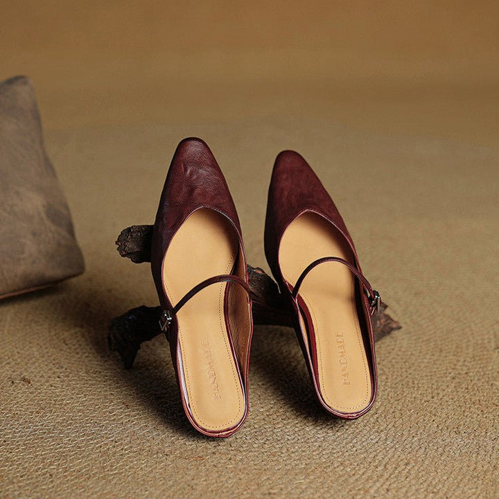 Dames Spitse Leren Mary Jane Slip-On Mules