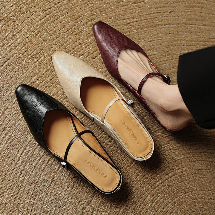 Dames Spitse Leren Mary Jane Slip-On Mules
