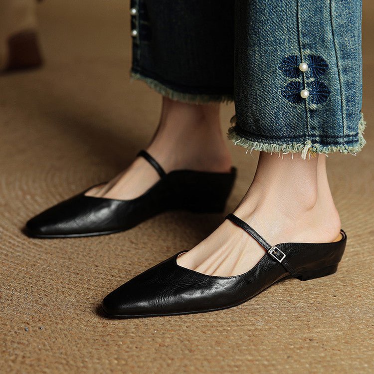 Dames Spitse Leren Mary Jane Slip-On Mules