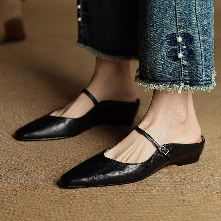 Dames Spitse Leren Mary Jane Slip-On Mules