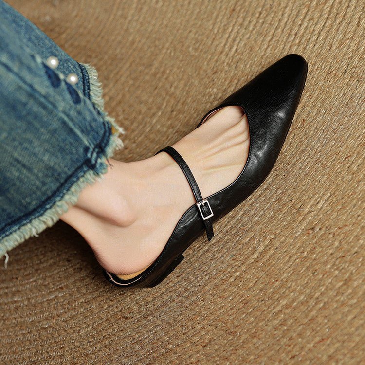 Dames Spitse Leren Mary Jane Slip-On Mules
