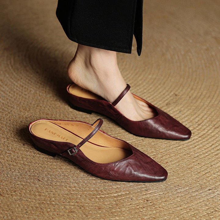 Dames Spitse Leren Mary Jane Slip-On Mules - Braun