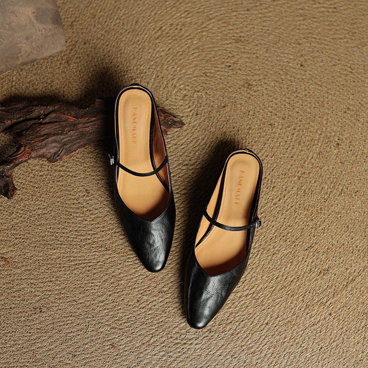 Dames Spitse Leren Mary Jane Slip-On Mules