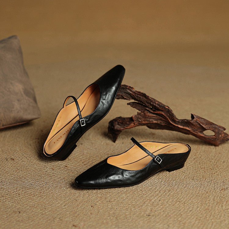 Dames Spitse Leren Mary Jane Slip-On Mules