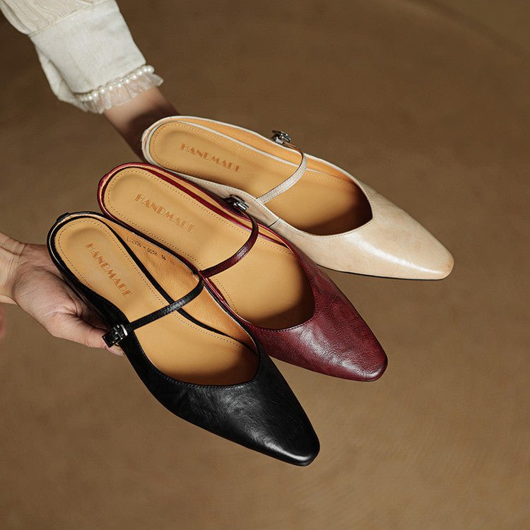 Dames Spitse Leren Mary Jane Slip-On Mules