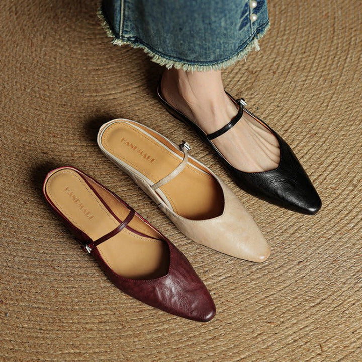 Dames Spitse Leren Mary Jane Slip-On Mules