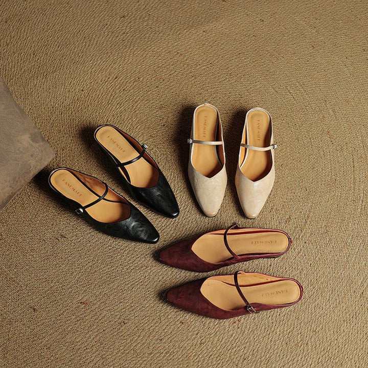 Dames Spitse Leren Mary Jane Slip-On Mules
