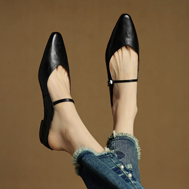 Dames Spitse Leren Mary Jane Slip-On Mules - Schwarz