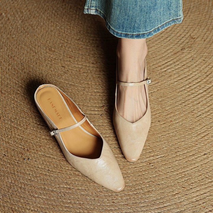 Dames Spitse Leren Mary Jane Slip-On Mules