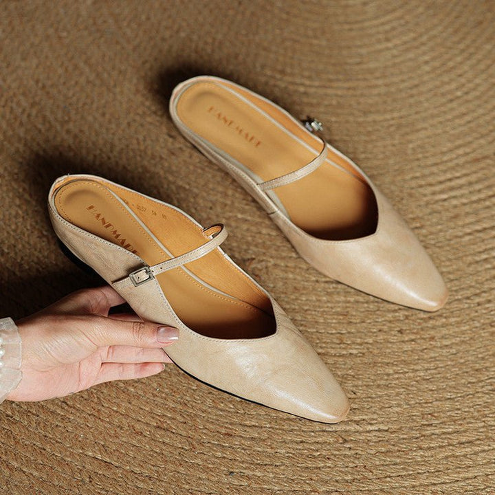 Dames Spitse Leren Mary Jane Slip-On Mules