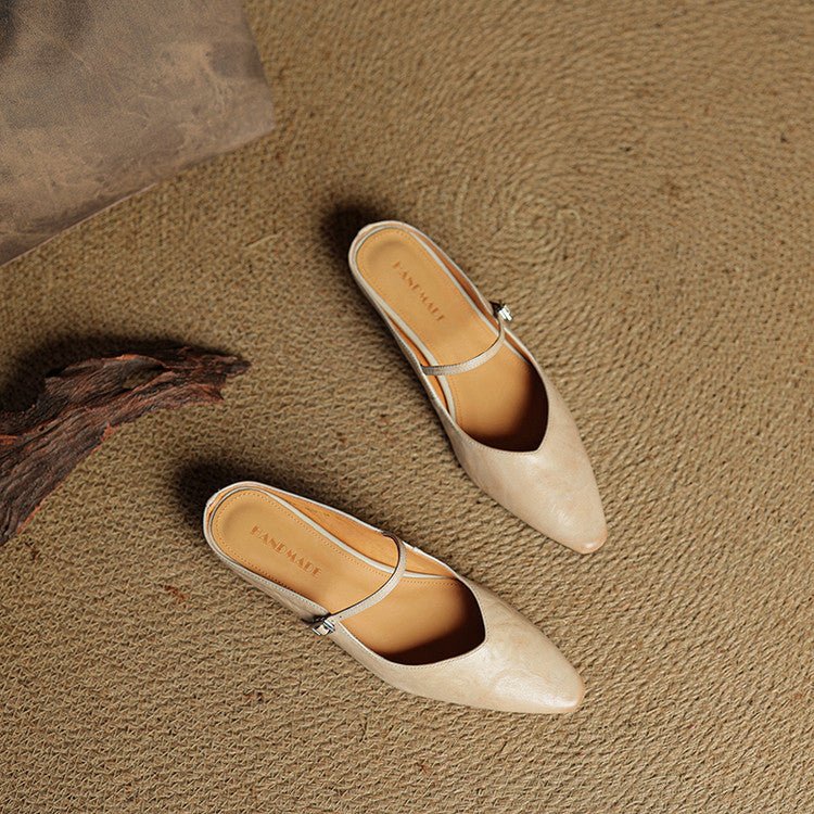 Dames Spitse Leren Mary Jane Slip-On Mules