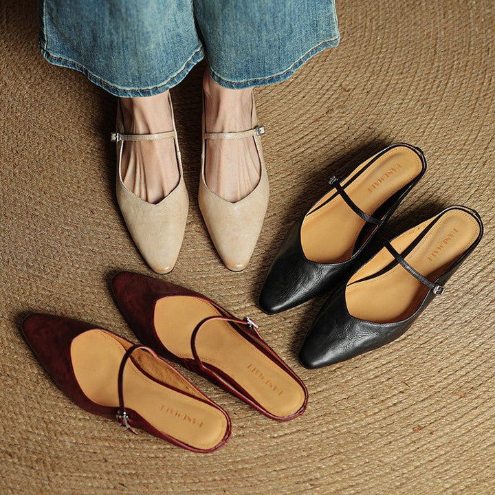 Dames Spitse Leren Mary Jane Slip-On Mules