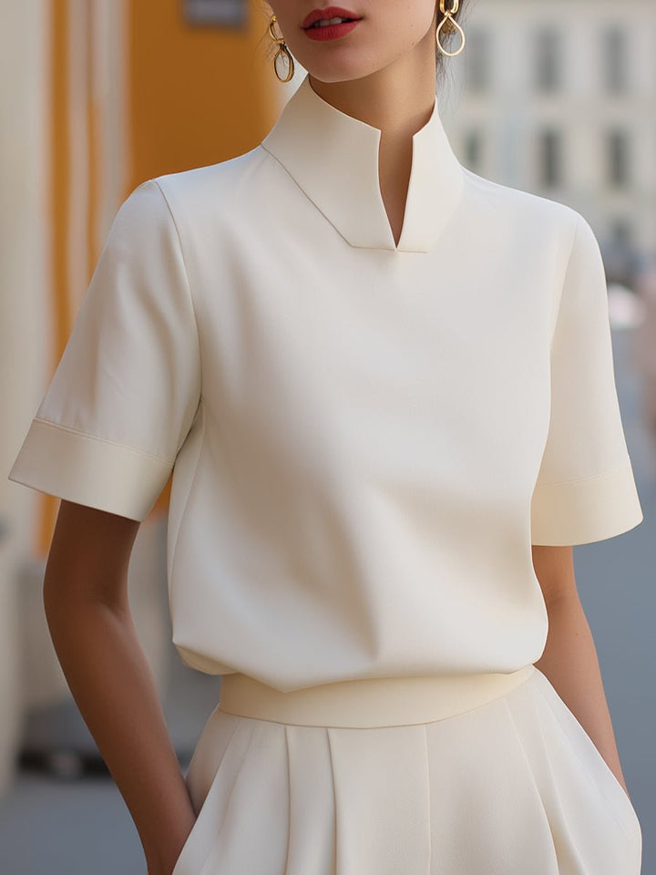 Dames Staande Kraag Gestructureerde Korte Mouwen Blouse - White