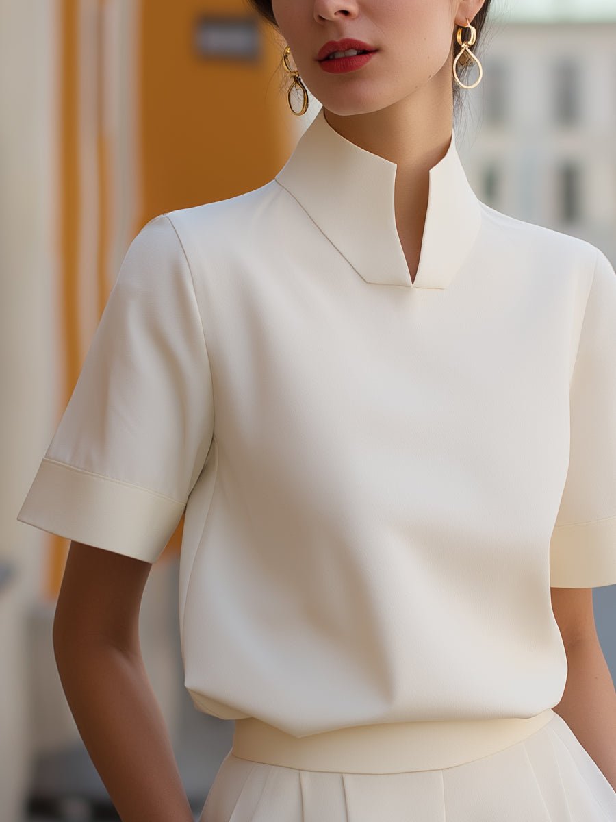 Dames Staande Kraag Gestructureerde Korte Mouwen Blouse
